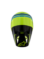 Alpinestars S-M3 Youth Radium Helmet ECE 22.06, casco da motocross, giallo fluo, nero e blu, vista dall'alto che mostra la calotta aerodinamica, marchio SM3 sulla visiera nera e loghi Alpinestars in evidenza