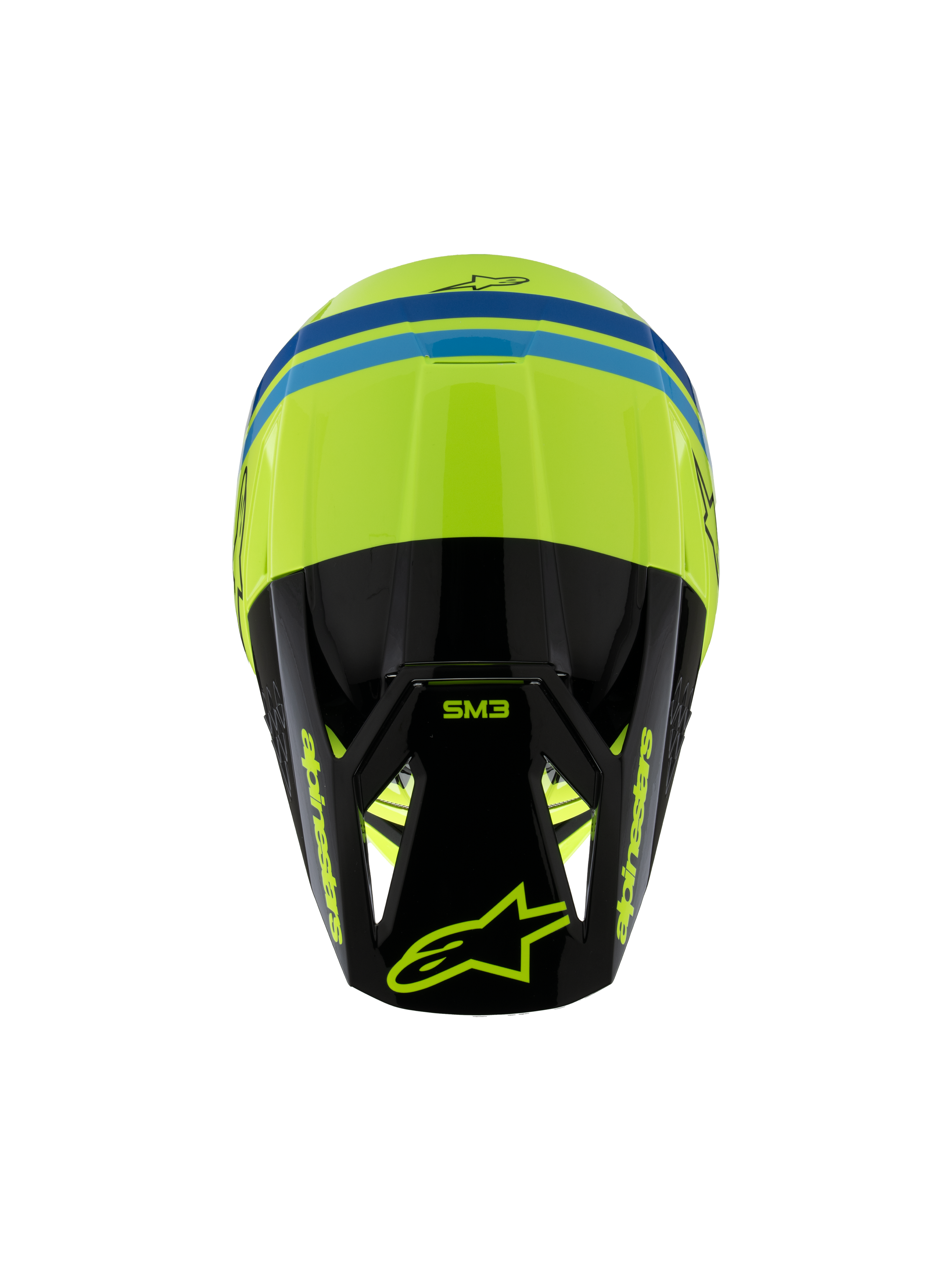 Alpinestars S-M3 Youth Radium Helmet ECE 22.06, casco da motocross, giallo fluo, nero e blu, vista dall'alto che mostra la calotta aerodinamica, marchio SM3 sulla visiera nera e loghi Alpinestars in evidenza