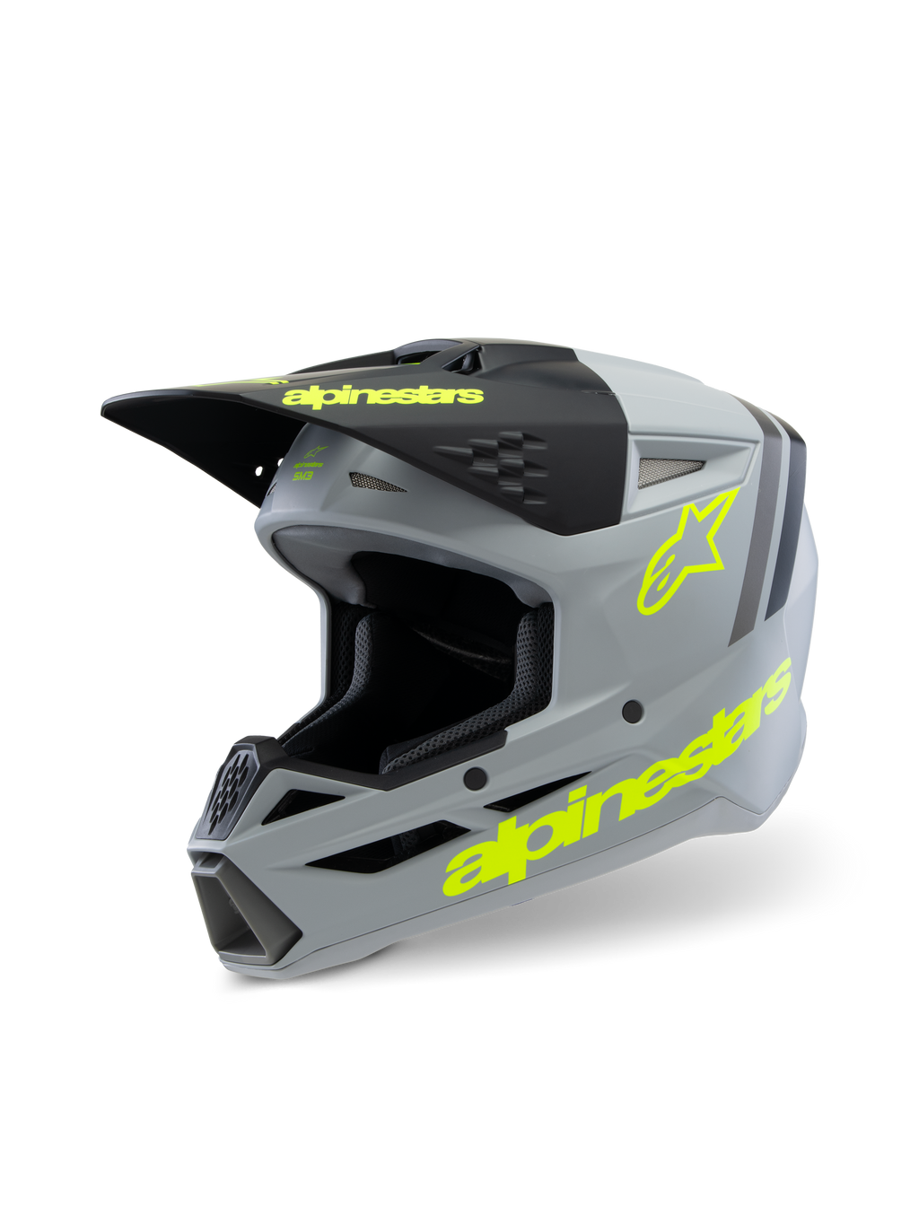 Casco Alpinestars S-M3 Youth Radium ECE 22.06, casco da motocross, grigio opaco e nero con accenti giallo fluo, branding Alpinestars e logo a stella, equipaggiamento protettivo per fuoristrada per ragazzi