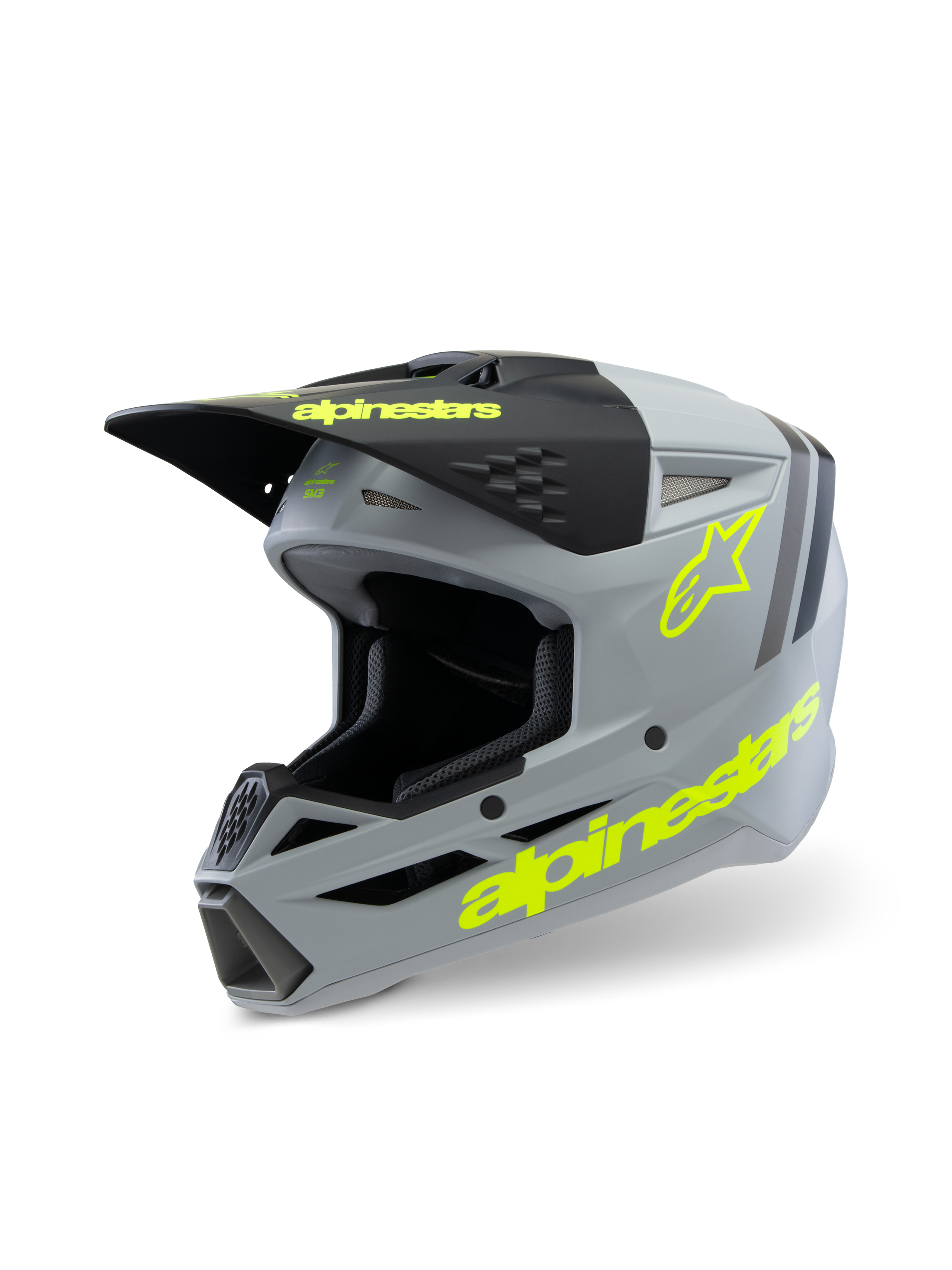 Casco Alpinestars S-M3 Youth Radium ECE 22.06, casco da motocross, grigio opaco e nero con accenti giallo fluo, branding Alpinestars e logo a stella, equipaggiamento protettivo per fuoristrada per ragazzi