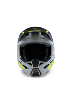 Casco Alpinestars S-M3 Youth Radium, casco da motocross, grigio, nero e giallo fluo opaco, vista frontale con calotta angolare aggressiva, loghi gialli vivaci sui lati e sul frontino, finitura opaca progettata per fuoristrada e competizioni MX per ragazzi.