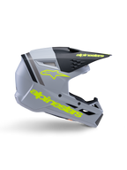 Alpinestars S-M3 Youth Radium Helmet ECE 22.06, casco da motocross per ragazzi, grigio opaco e nero con loghi giallo fluo, profilo laterale con logo e scritta Alpinestars, design aerodinamico con ventilazione integrata e visiera nera