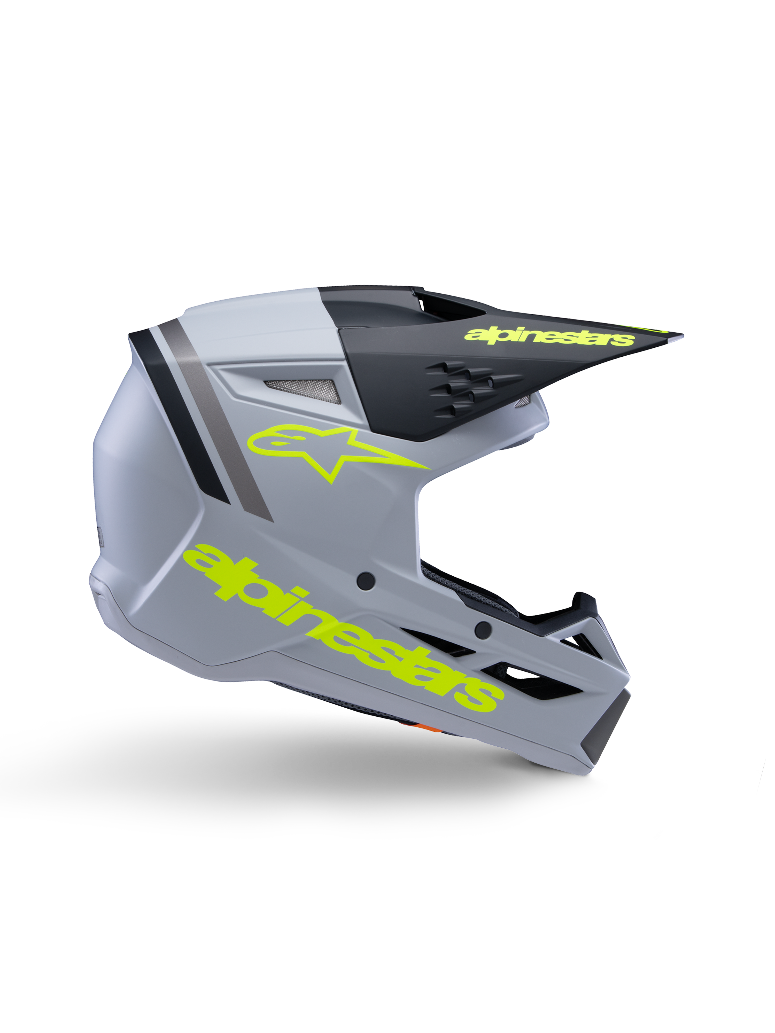 Alpinestars S-M3 Youth Radium Helmet ECE 22.06, casco da motocross per ragazzi, grigio opaco e nero con loghi giallo fluo, profilo laterale con logo e scritta Alpinestars, design aerodinamico con ventilazione integrata e visiera nera