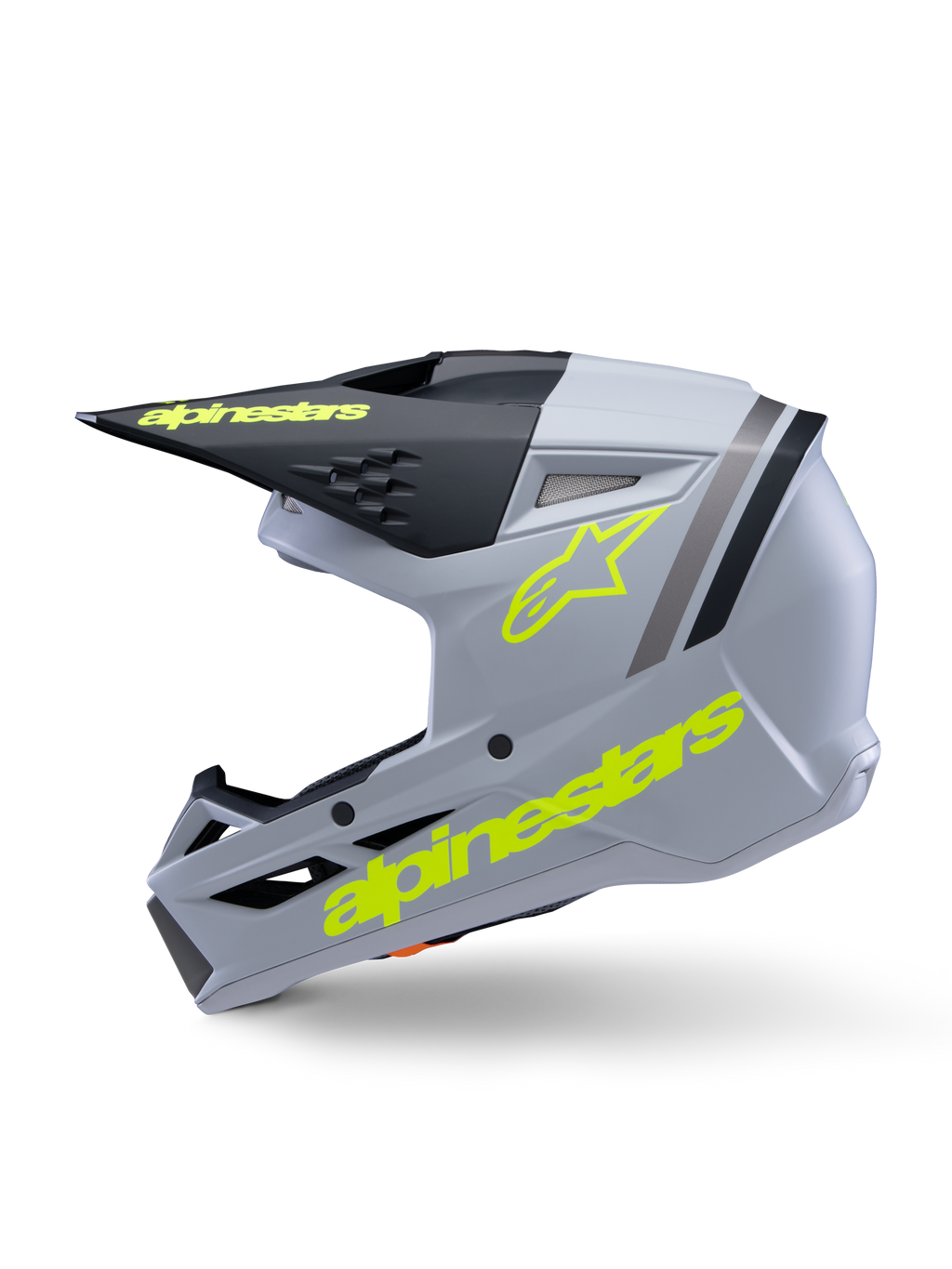 Alpinestars S-M3 Youth Radium Helmet ECE 22.06, casco da motocross, grigio, nero e giallo fluo opaco, vista laterale con loghi Alpinestars giallo fluorescente e visiera nera, equipaggiamento protettivo aerodinamico per giovani piloti