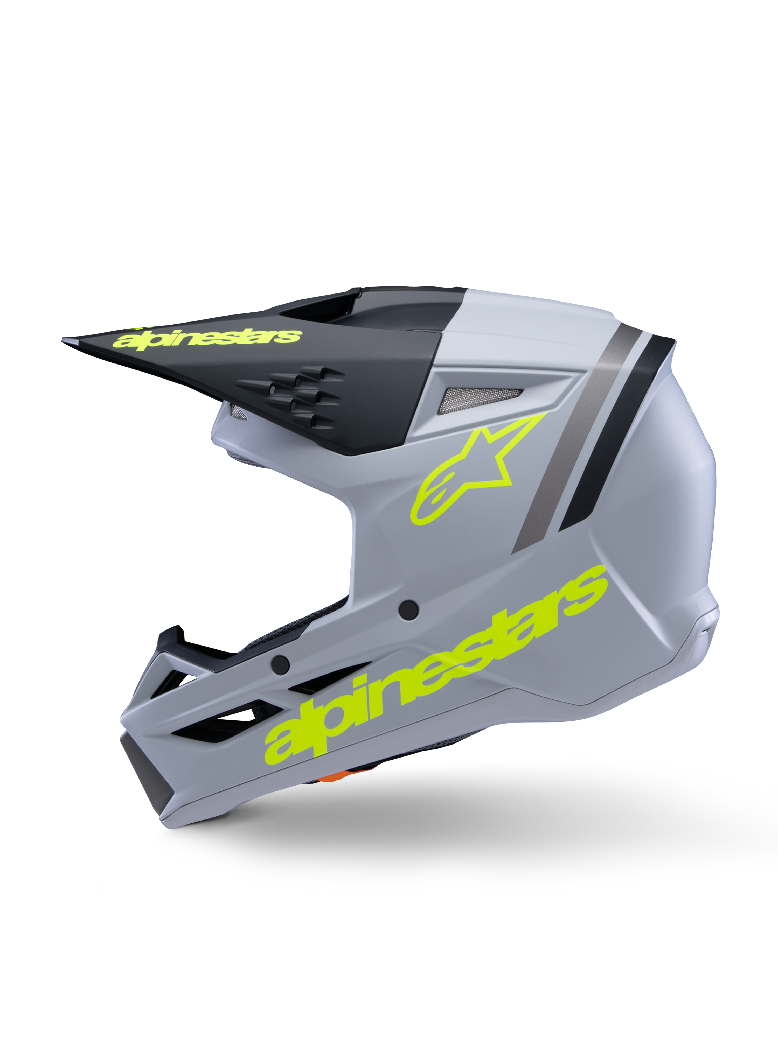 Alpinestars S-M3 Youth Radium Helmet ECE 22.06, casco da motocross, grigio, nero e giallo fluo opaco, vista laterale con loghi Alpinestars giallo fluorescente e visiera nera, equipaggiamento protettivo aerodinamico per giovani piloti