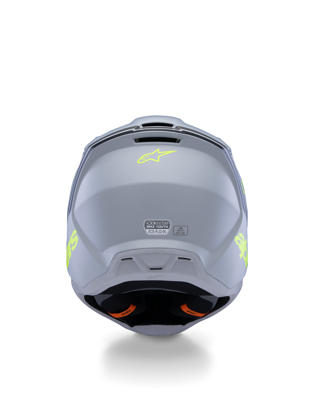 Alpinestars S-M3 Youth Radium Helmet ECE 22.06, grigio, nero e giallo fluo opaco, vista posteriore con prese d'aria ed etichette di certificazione, logo a stella giallo fluorescente, design aerodinamico della calotta per motocross e gare off-road