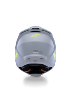 Alpinestars S-M3 Youth Radium Helmet ECE 22.06, grigio, nero e giallo fluo opaco, vista posteriore con prese d'aria ed etichette di certificazione, logo a stella giallo fluorescente, design aerodinamico della calotta per motocross e gare off-road
