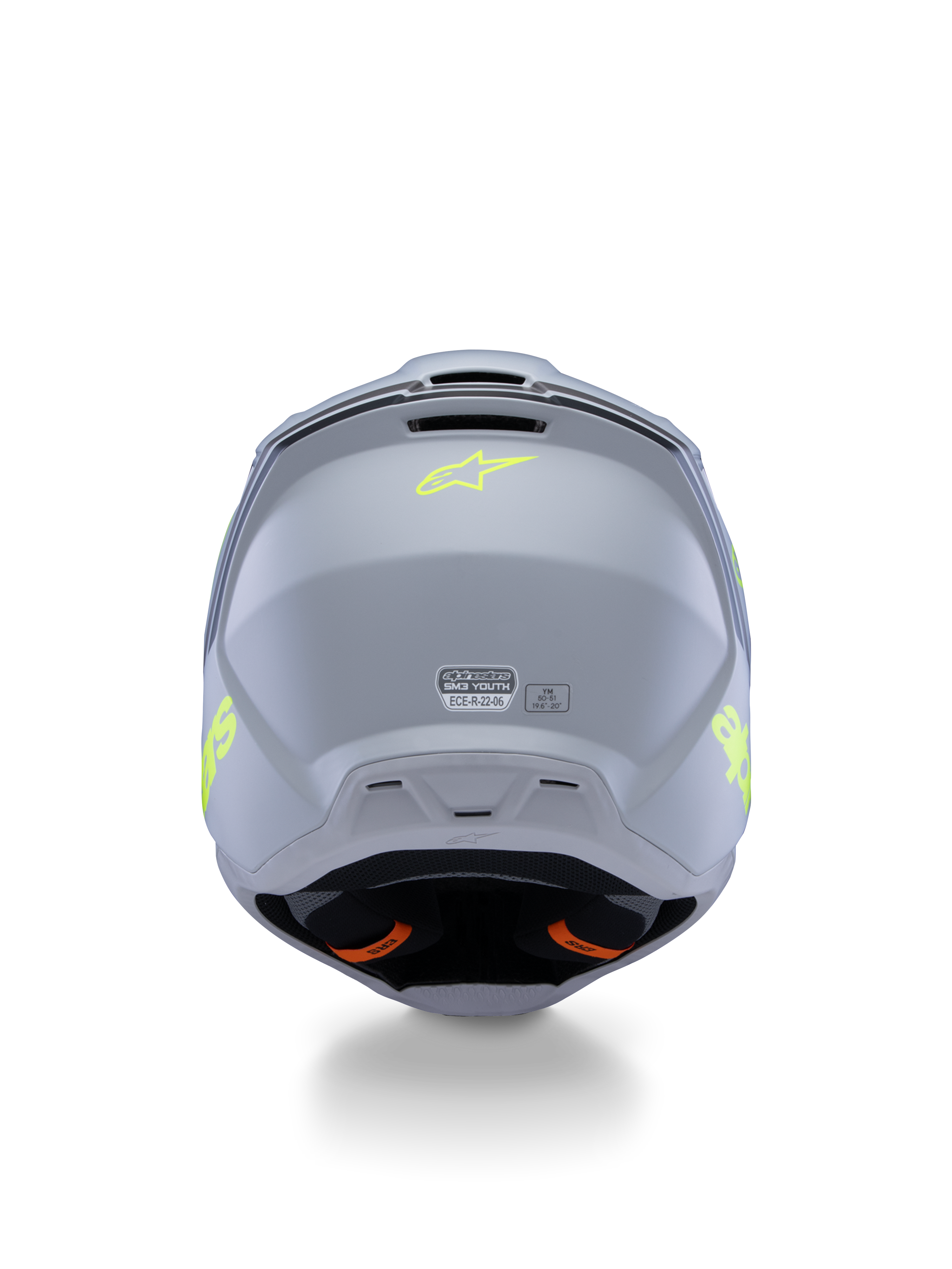 Alpinestars S-M3 Youth Radium Helmet ECE 22.06, grigio, nero e giallo fluo opaco, vista posteriore con prese d'aria ed etichette di certificazione, logo a stella giallo fluorescente, design aerodinamico della calotta per motocross e gare off-road