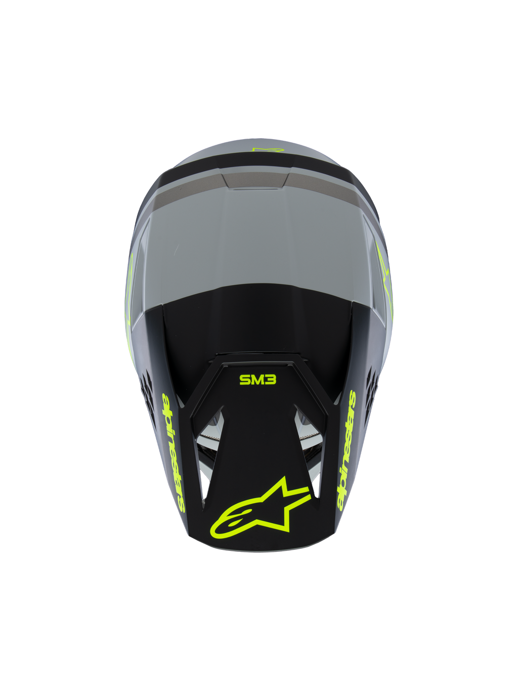 Alpinestars S-M3 Youth Radium Helmet ECE 22.06, casco da motocross, grigio opaco e nero con accenti giallo fluo, vista dall'alto con logo Alpinestars e SM3, protezione per la testa off-road per ragazzi