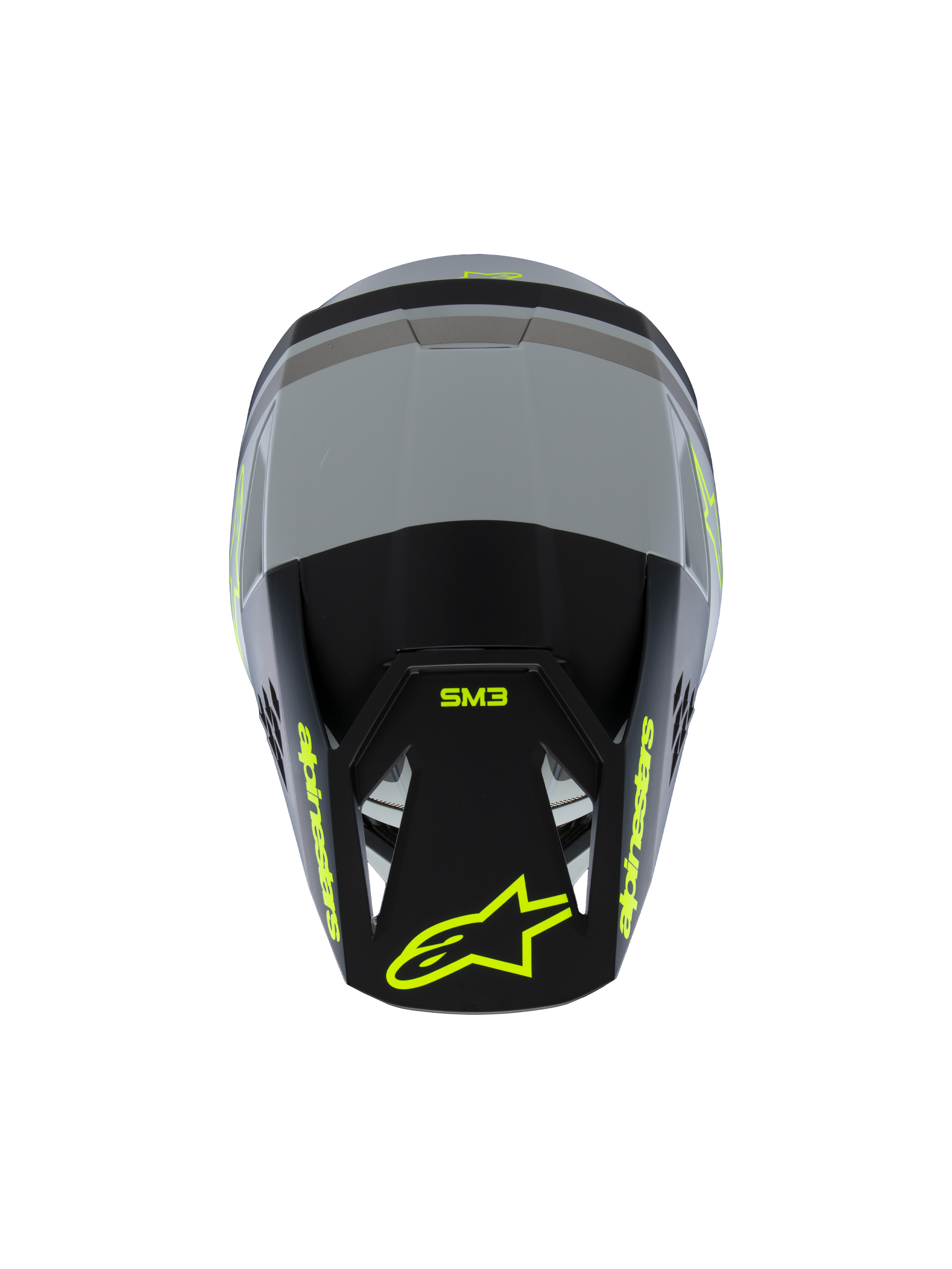 Alpinestars S-M3 Youth Radium Helmet ECE 22.06, casco da motocross, grigio opaco e nero con accenti giallo fluo, vista dall'alto con logo Alpinestars e SM3, protezione per la testa off-road per ragazzi