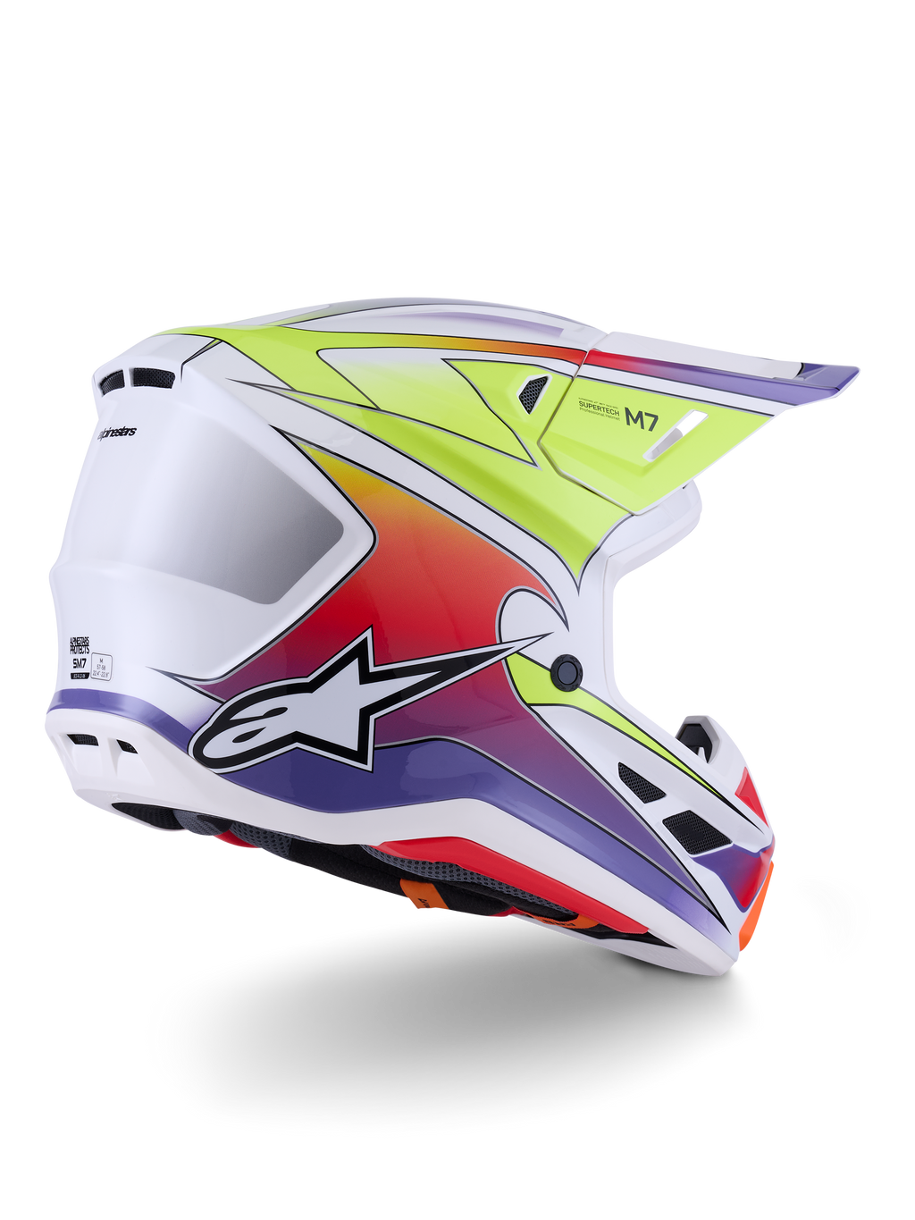 Casco Alpinestars S-M7 Fuse, casco da motocross, bianco, giallo fluo e viola lucido, grafiche sfumate multicolore vivaci con logo a stella in bianco e nero in evidenza, calotta aerodinamica in composito con prese d'aria integrate, progettato per le gare off-road