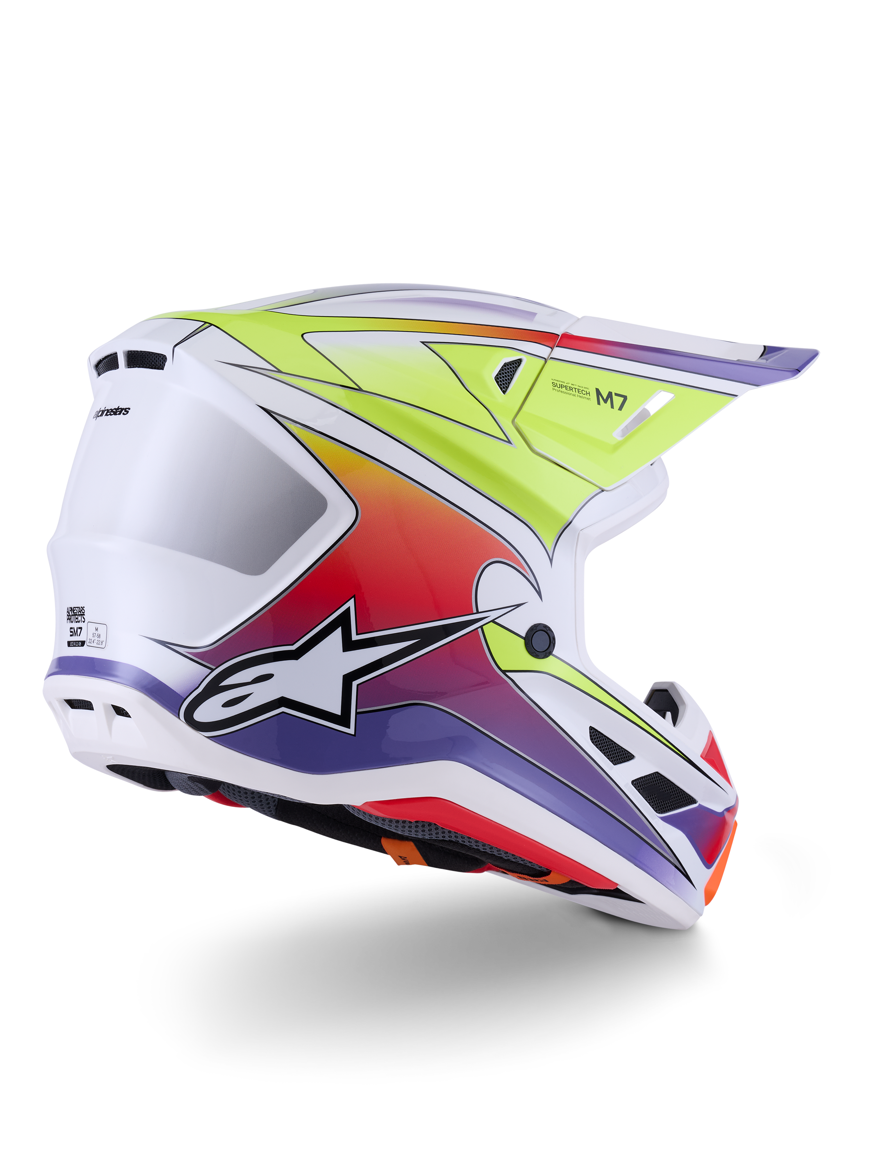 Casco Alpinestars S-M7 Fuse, casco da motocross, bianco, giallo fluo e viola lucido, grafiche sfumate multicolore vivaci con logo a stella in bianco e nero in evidenza, calotta aerodinamica in composito con prese d'aria integrate, progettato per le gare off-road