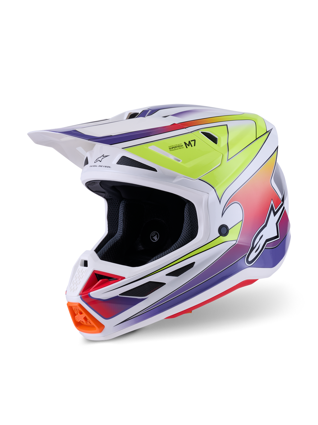 Casco Alpinestars S-M7 Fuse, casco da motocross, bianco con grafiche sfumate giallo fluo e viola, con calotta aerodinamica in composito, visiera integrata, diverse prese d'aria in rete e design racing ad alte prestazioni per uso fuoristrada