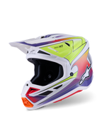 Casco Alpinestars S-M7 Fuse, casco da motocross, bianco con grafiche sfumate giallo fluo e viola, con calotta aerodinamica in composito, visiera integrata, diverse prese d'aria in rete e design racing ad alte prestazioni per uso fuoristrada
