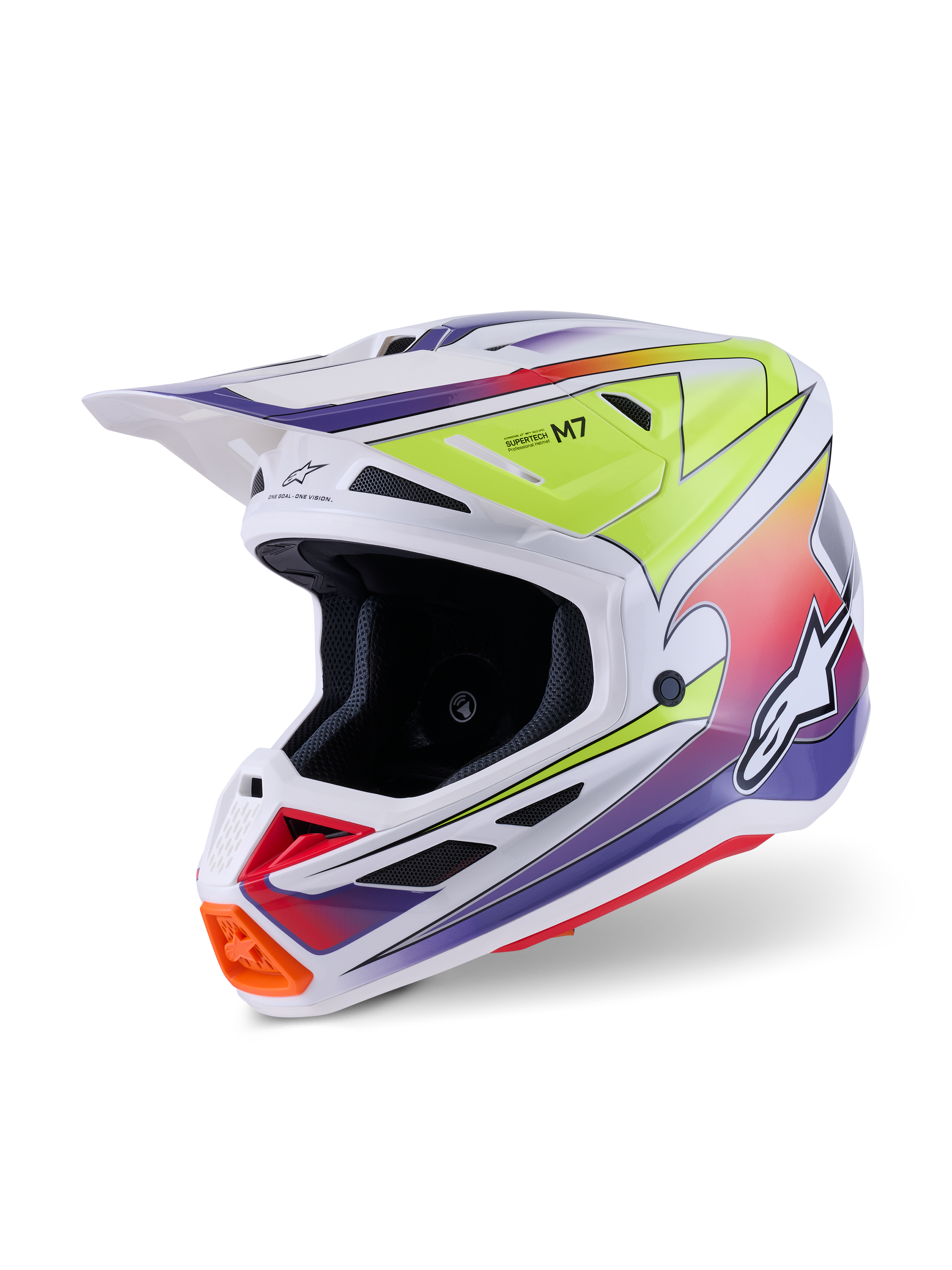 Casco Alpinestars S-M7 Fuse, casco da motocross, bianco con grafiche sfumate giallo fluo e viola, con calotta aerodinamica in composito, visiera integrata, diverse prese d'aria in rete e design racing ad alte prestazioni per uso fuoristrada