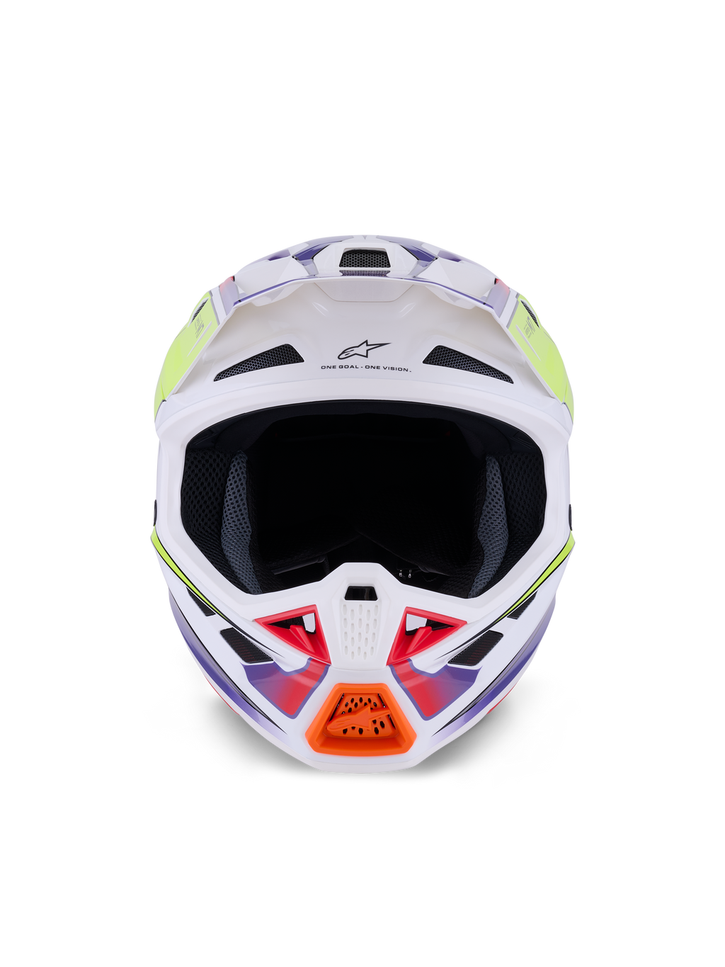 Casco Alpinestars S-M7 Fuse, casco da motocross, bianco, giallo fluo e viola lucido, vista frontale con multiple prese d'aria, calotta aerodinamica in materiale composito e dettaglio arancione sulla mentoniera.