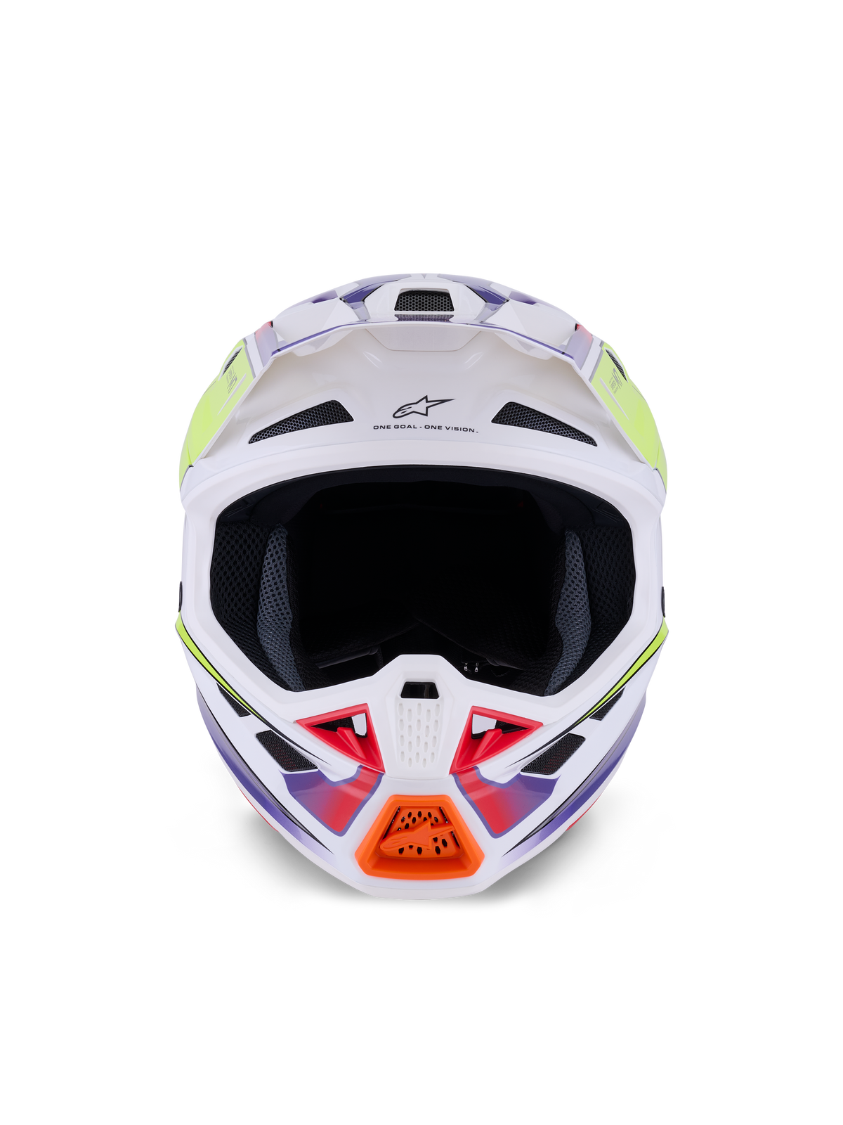 Casco Alpinestars S-M7 Fuse, casco da motocross, bianco, giallo fluo e viola lucido, vista frontale con multiple prese d'aria, calotta aerodinamica in materiale composito e dettaglio arancione sulla mentoniera.
