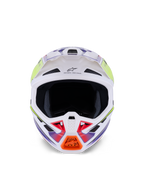 Casco Alpinestars S-M7 Fuse, casco da motocross, bianco, giallo fluo e viola lucido, vista frontale con multiple prese d'aria, calotta aerodinamica in materiale composito e dettaglio arancione sulla mentoniera.