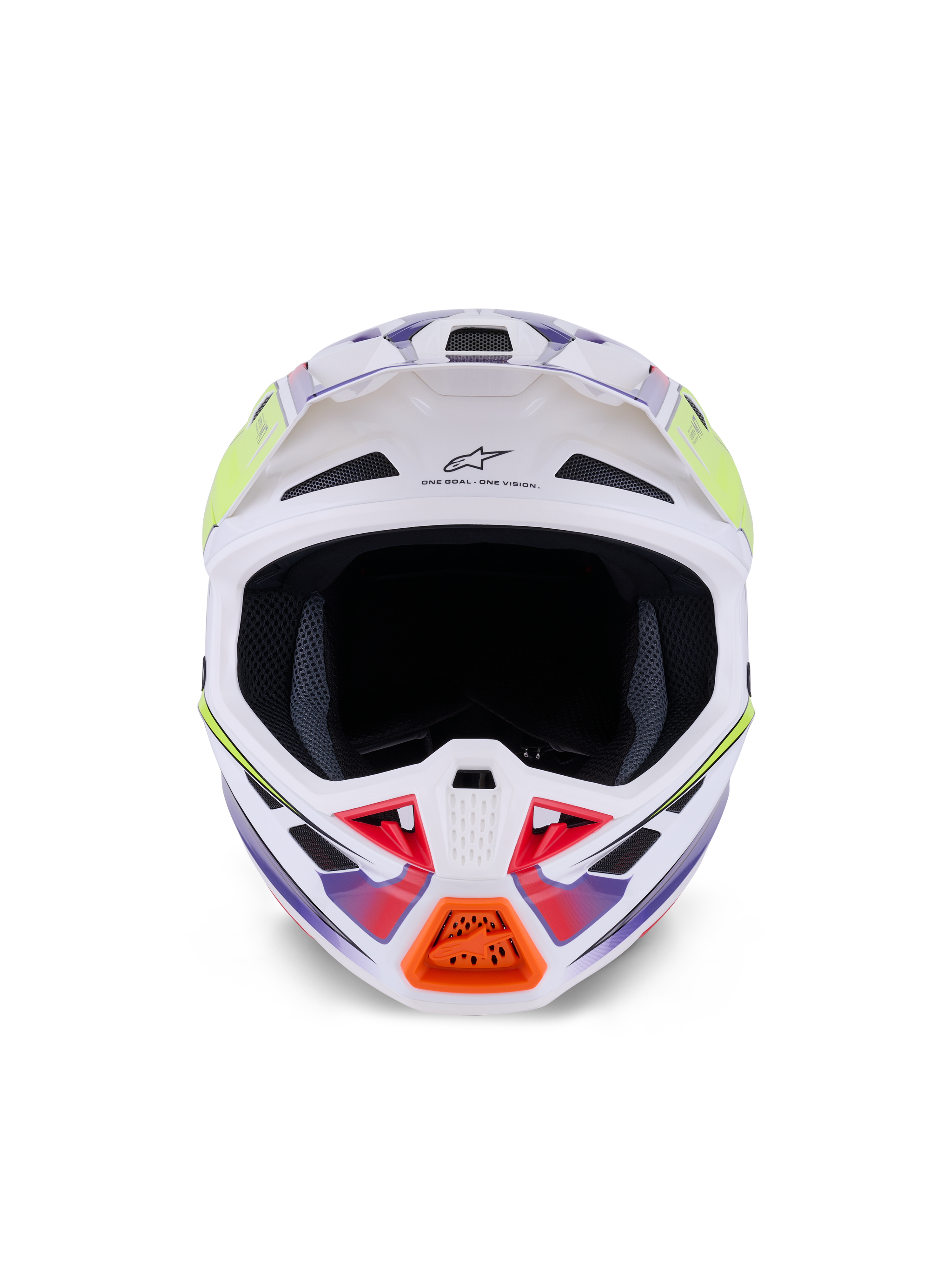 Casco Alpinestars S-M7 Fuse, casco da motocross, bianco, giallo fluo e viola lucido, vista frontale con multiple prese d'aria, calotta aerodinamica in materiale composito e dettaglio arancione sulla mentoniera.