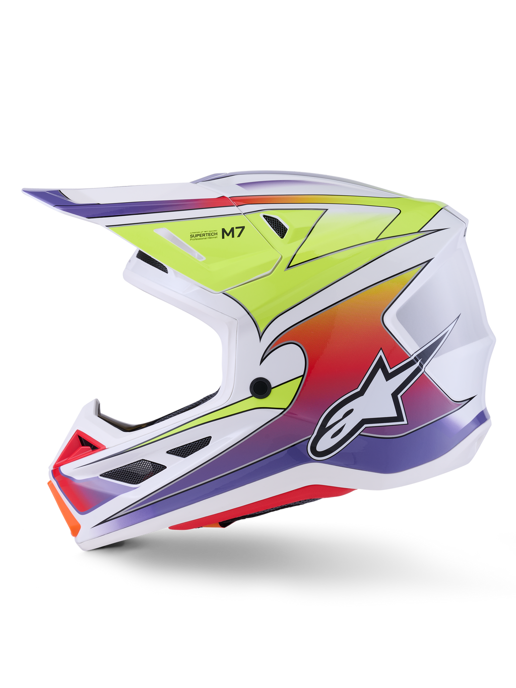 Casco Alpinestars S-M7 Fuse, casco da motocross, bianco, giallo fluo e viola lucido, vista laterale di profilo che mostra la calotta aerodinamica con grafiche sfumate colorate, prese d'aria nere e logo Alpinestars bianco, equipaggiamento da gara off-road ad alte prestazioni
