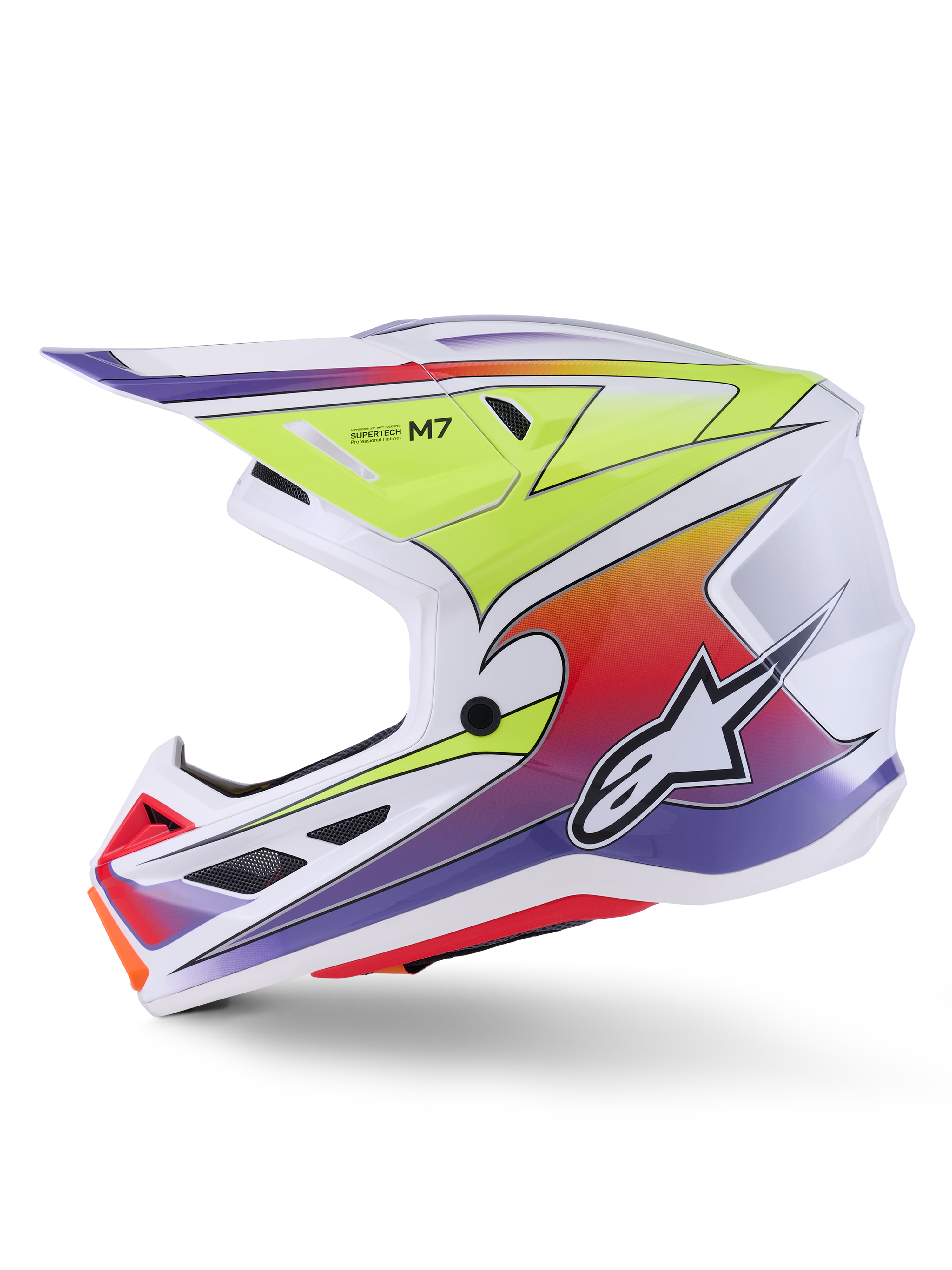 Casco Alpinestars S-M7 Fuse, casco da motocross, bianco, giallo fluo e viola lucido, vista laterale di profilo che mostra la calotta aerodinamica con grafiche sfumate colorate, prese d'aria nere e logo Alpinestars bianco, equipaggiamento da gara off-road ad alte prestazioni