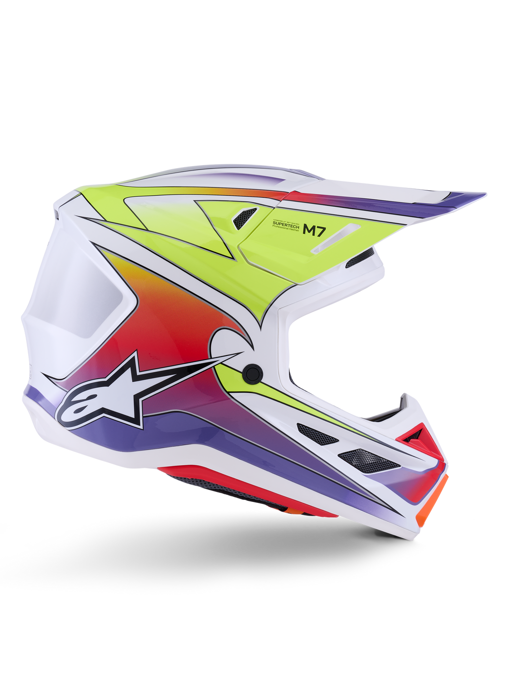 Alpinestars S-M7 Fuse Helmet, casco da motocross, bianco con sfumature giallo fluo, rosso e viola, finitura lucida, calotta aerodinamica, visiera integrata e prese d'aria in mesh nero