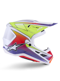 Alpinestars S-M7 Fuse Helmet, casco da motocross, bianco con sfumature giallo fluo, rosso e viola, finitura lucida, calotta aerodinamica, visiera integrata e prese d'aria in mesh nero
