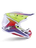 Alpinestars S-M7 Fuse Helmet, casco da motocross, bianco con sfumature giallo fluo, rosso e viola, finitura lucida, calotta aerodinamica, visiera integrata e prese d'aria in mesh nero