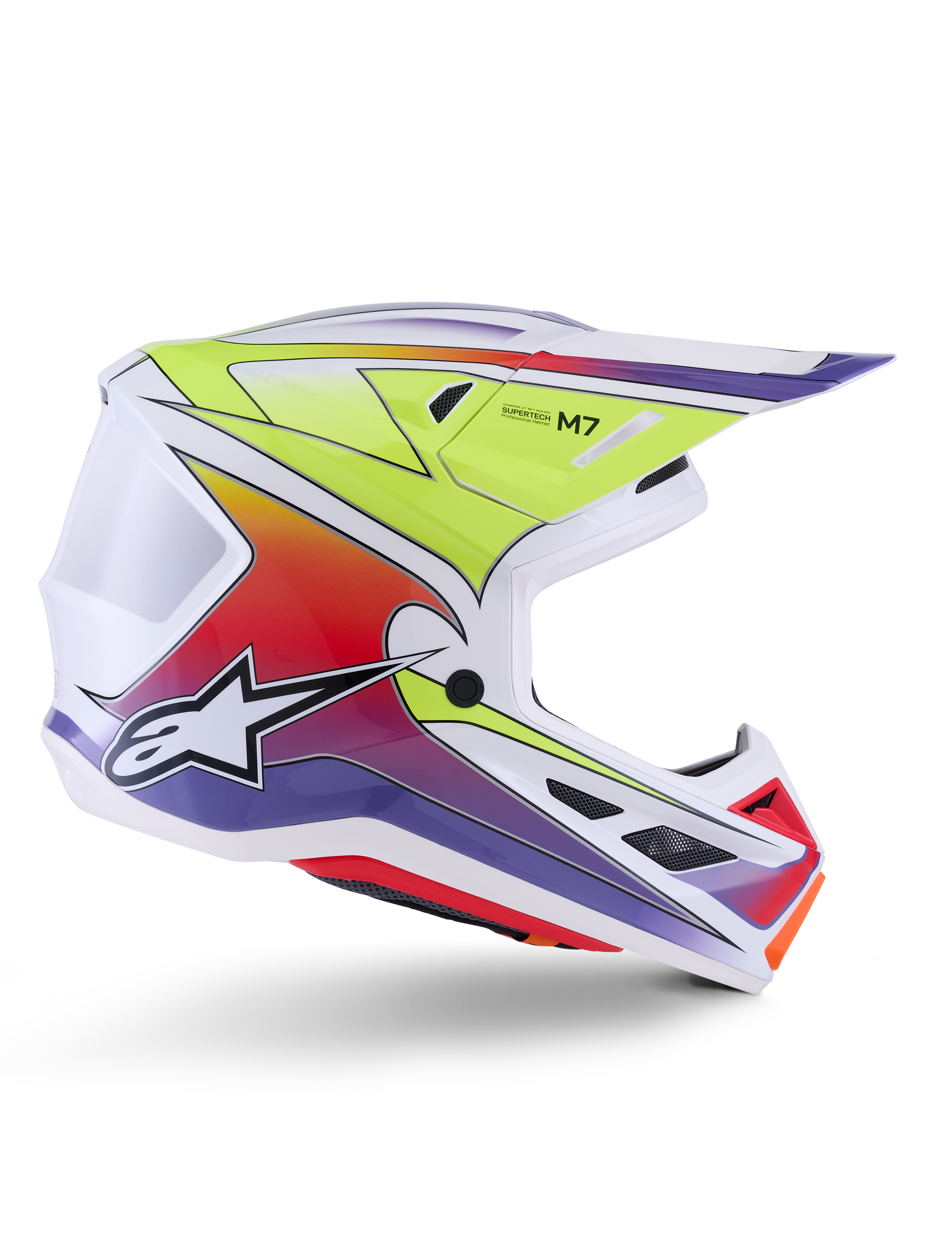 Alpinestars S-M7 Fuse Helmet, casco da motocross, bianco con sfumature giallo fluo, rosso e viola, finitura lucida, calotta aerodinamica, visiera integrata e prese d'aria in mesh nero