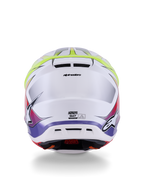 Casco Alpinestars S-M7 Fuse ECE 22.06, casco da motocross, bianco, giallo fluo e viola lucido, vista posteriore che mostra le prese d'aria integrate, branding Alpinestars e loghi laterali, design aerodinamico della calotta.