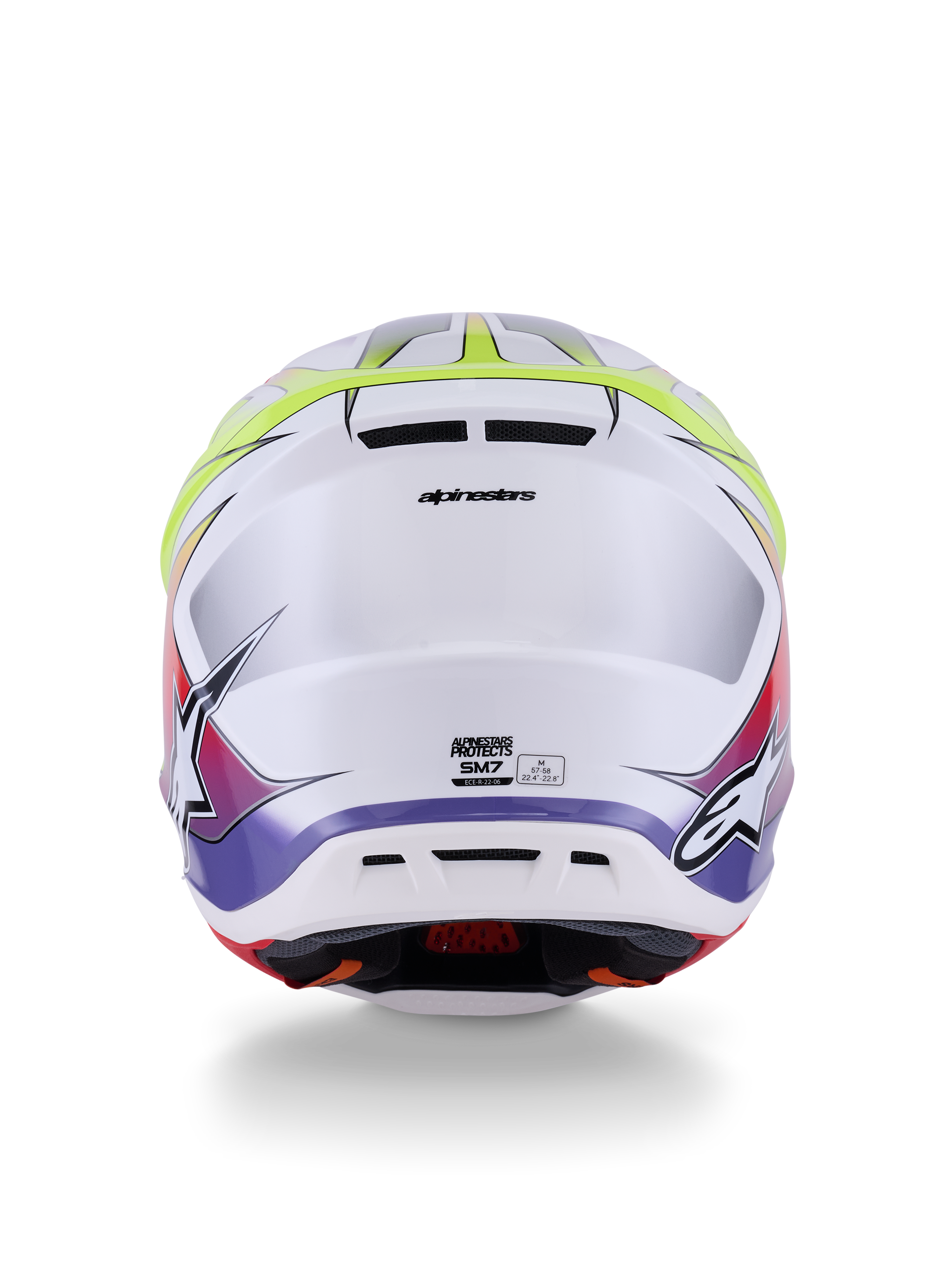 Casco Alpinestars S-M7 Fuse ECE 22.06, casco da motocross, bianco, giallo fluo e viola lucido, vista posteriore che mostra le prese d'aria integrate, branding Alpinestars e loghi laterali, design aerodinamico della calotta.