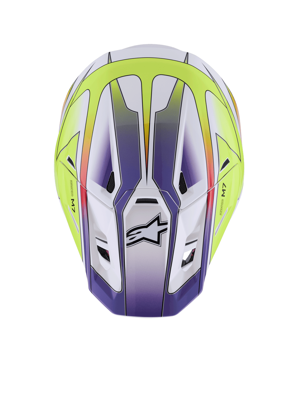 Casco Alpinestars S-M7 Fuse, casco da motocross, bianco, giallo fluo e viola lucido, vista dall'alto che mostra la calotta aerodinamica con prese d'aria e logo Alpinestars nero, protezione premium per gare fuoristrada
