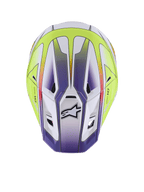 Casco Alpinestars S-M7 Fuse, casco da motocross, bianco, giallo fluo e viola lucido, vista dall'alto che mostra la calotta aerodinamica con prese d'aria e logo Alpinestars nero, protezione premium per gare fuoristrada