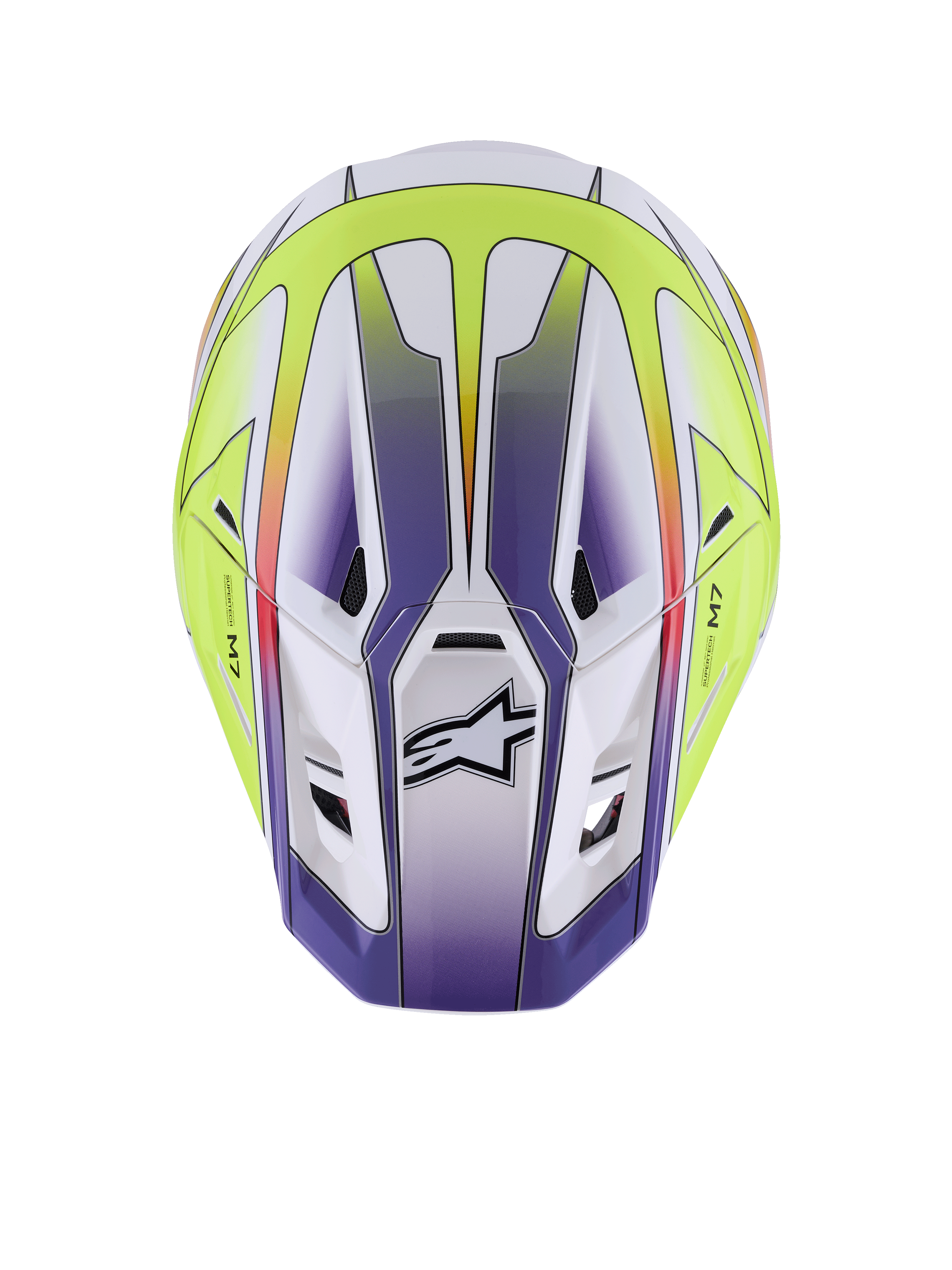 Casco Alpinestars S-M7 Fuse, casco da motocross, bianco, giallo fluo e viola lucido, vista dall'alto che mostra la calotta aerodinamica con prese d'aria e logo Alpinestars nero, protezione premium per gare fuoristrada