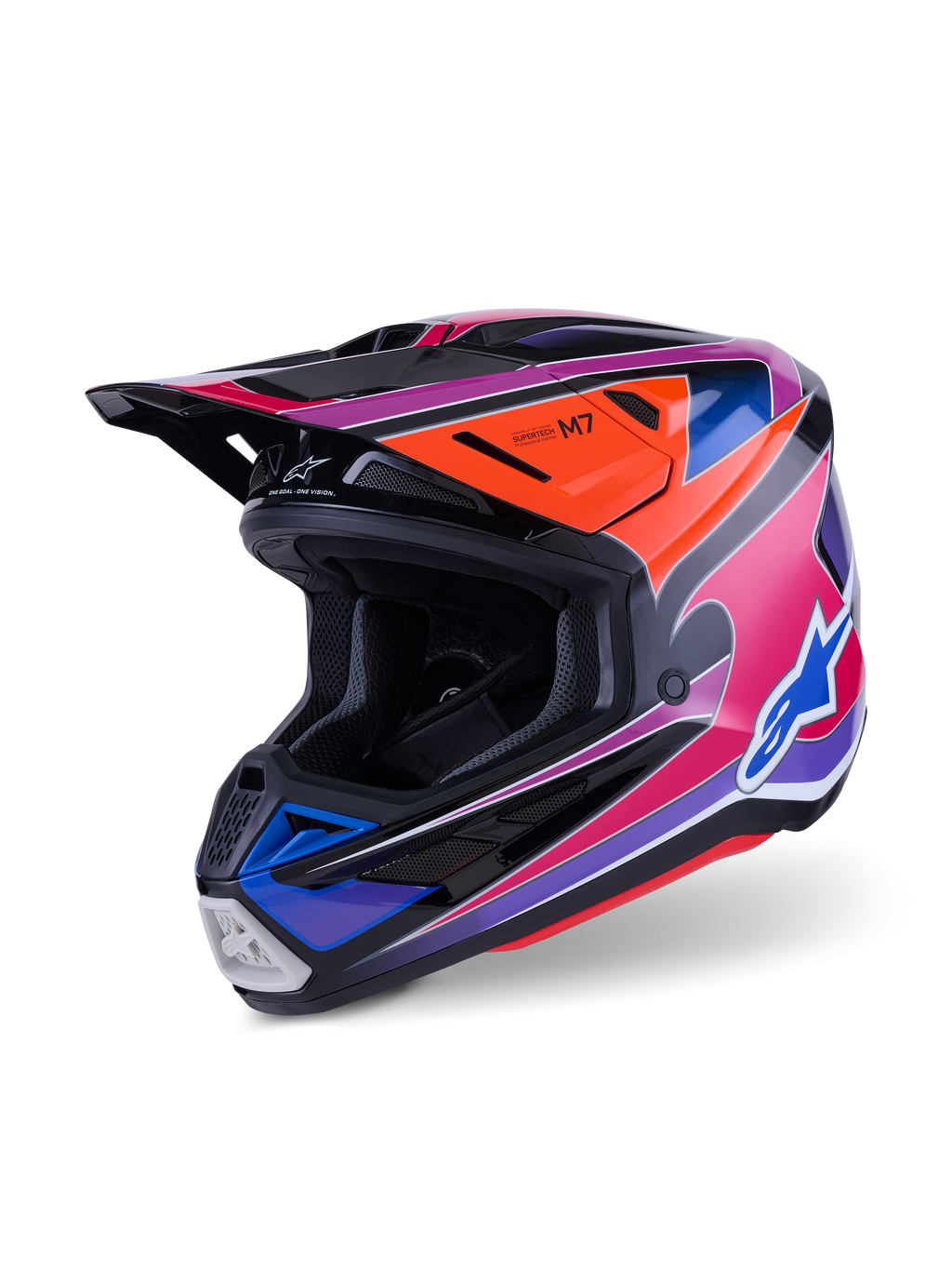 Casco Alpinestars S-M7 Fuse, casco da motocross, blu, viola e rosa lucido, con grafiche vivaci multicolore e accenti arancioni e neri, design aerodinamico della calotta con prese d'aria multiple, equipaggiamento professionale per gare off-road