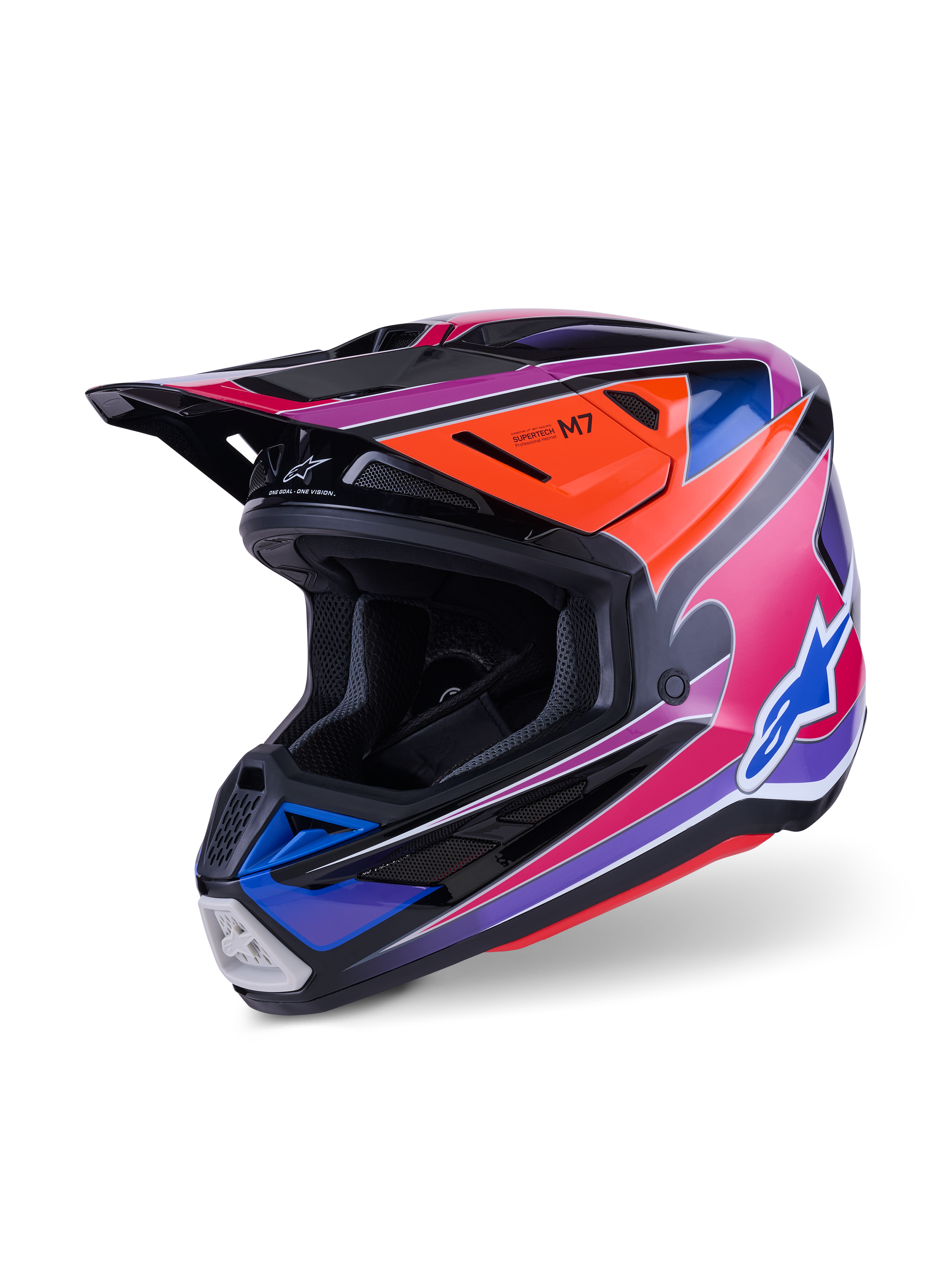 Casco Alpinestars S-M7 Fuse, casco da motocross, blu, viola e rosa lucido, con grafiche vivaci multicolore e accenti arancioni e neri, design aerodinamico della calotta con prese d'aria multiple, equipaggiamento professionale per gare off-road