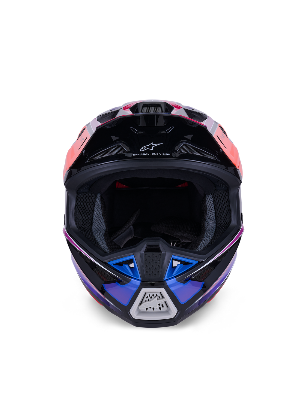 Alpinestars S-M7 Fuse Helmet, casco da motocross, blu, viola e rosa lucido, vista frontale che mostra l'apertura per la maschera e la mentoniera ventilata, con accenti neri e logo Alpinestars, design aerodinamico da corsa off-road
