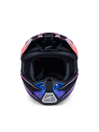 Alpinestars S-M7 Fuse Helmet, casco da motocross, blu, viola e rosa lucido, vista frontale che mostra l'apertura per la maschera e la mentoniera ventilata, con accenti neri e logo Alpinestars, design aerodinamico da corsa off-road