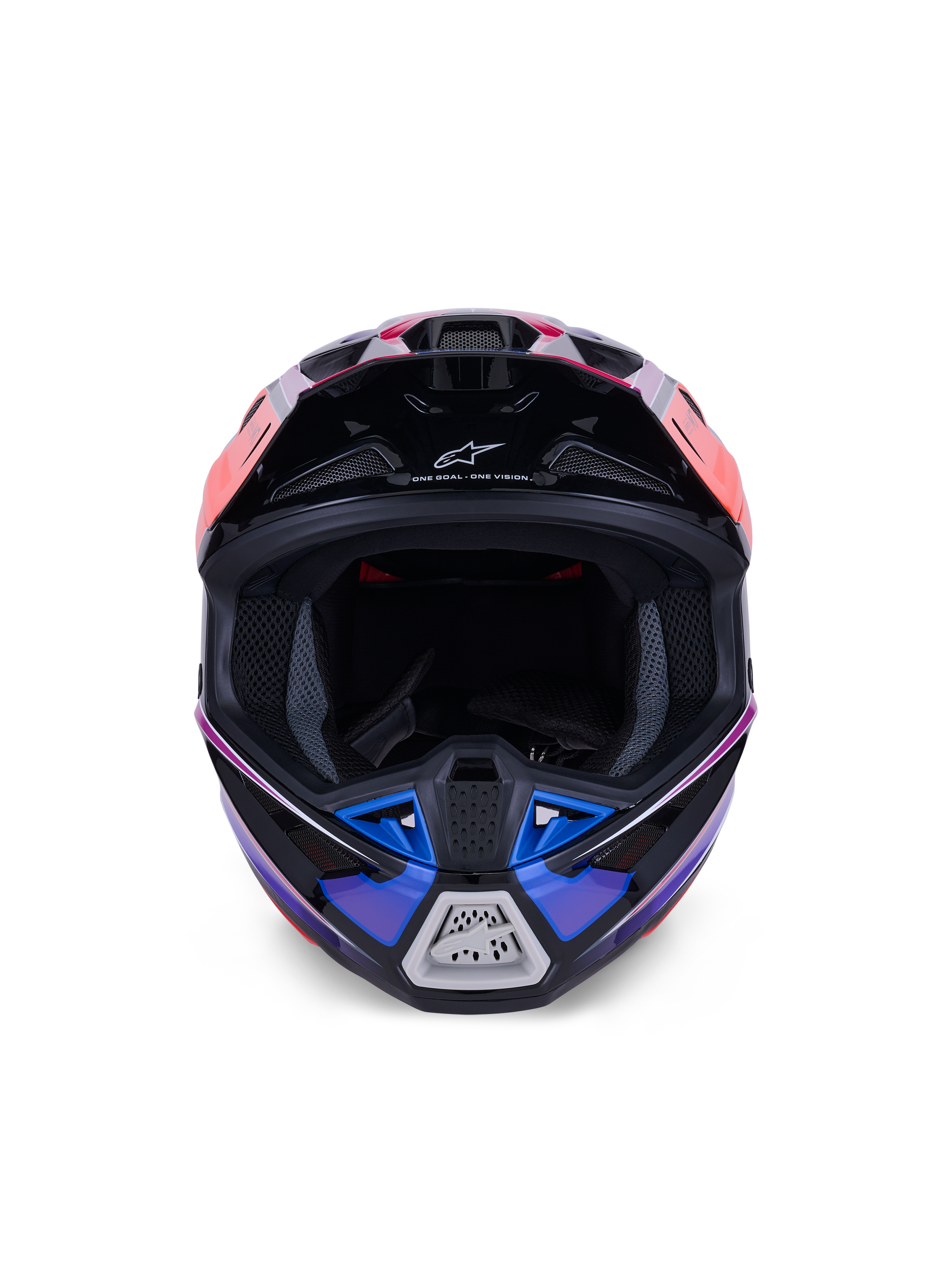 Alpinestars S-M7 Fuse Helmet, casco da motocross, blu, viola e rosa lucido, vista frontale che mostra l'apertura per la maschera e la mentoniera ventilata, con accenti neri e logo Alpinestars, design aerodinamico da corsa off-road