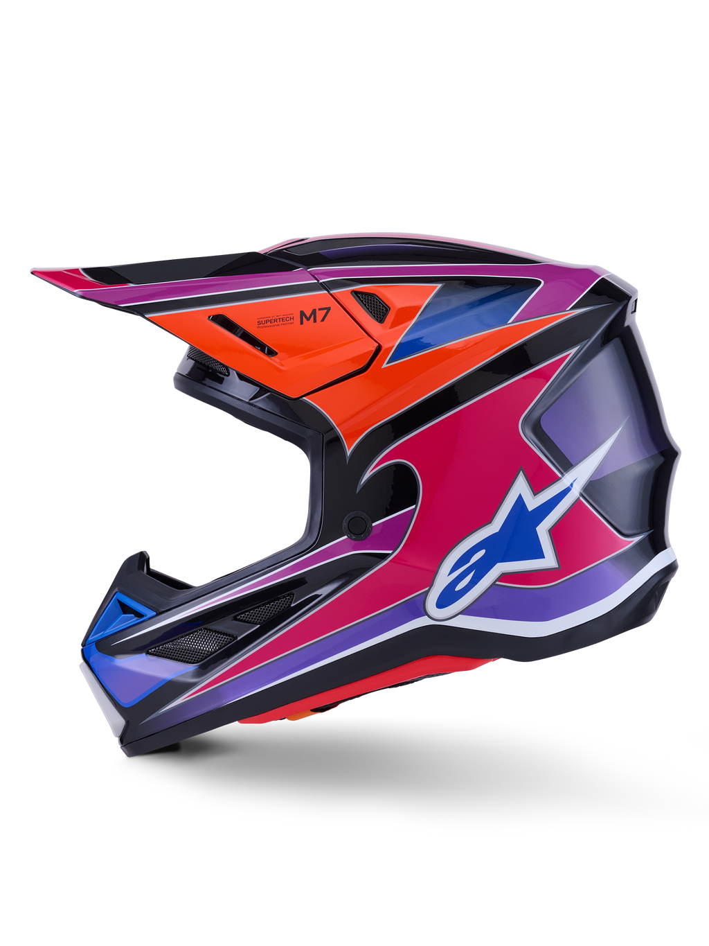 Casco Alpinestars S-M7 Fuse, casco da motocross, blu, viola, rosa e arancione lucido, design grafico multicolore vivace con logo Alpinestars blu, calotta aerodinamica in composito con visiera protettiva e prese d'aria, equipaggiamento professionale per gare fuoristrada