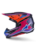 Casco Alpinestars S-M7 Fuse, casco da motocross, blu, viola, rosa e arancione lucido, design grafico multicolore vivace con logo Alpinestars blu, calotta aerodinamica in composito con visiera protettiva e prese d'aria, equipaggiamento professionale per gare fuoristrada