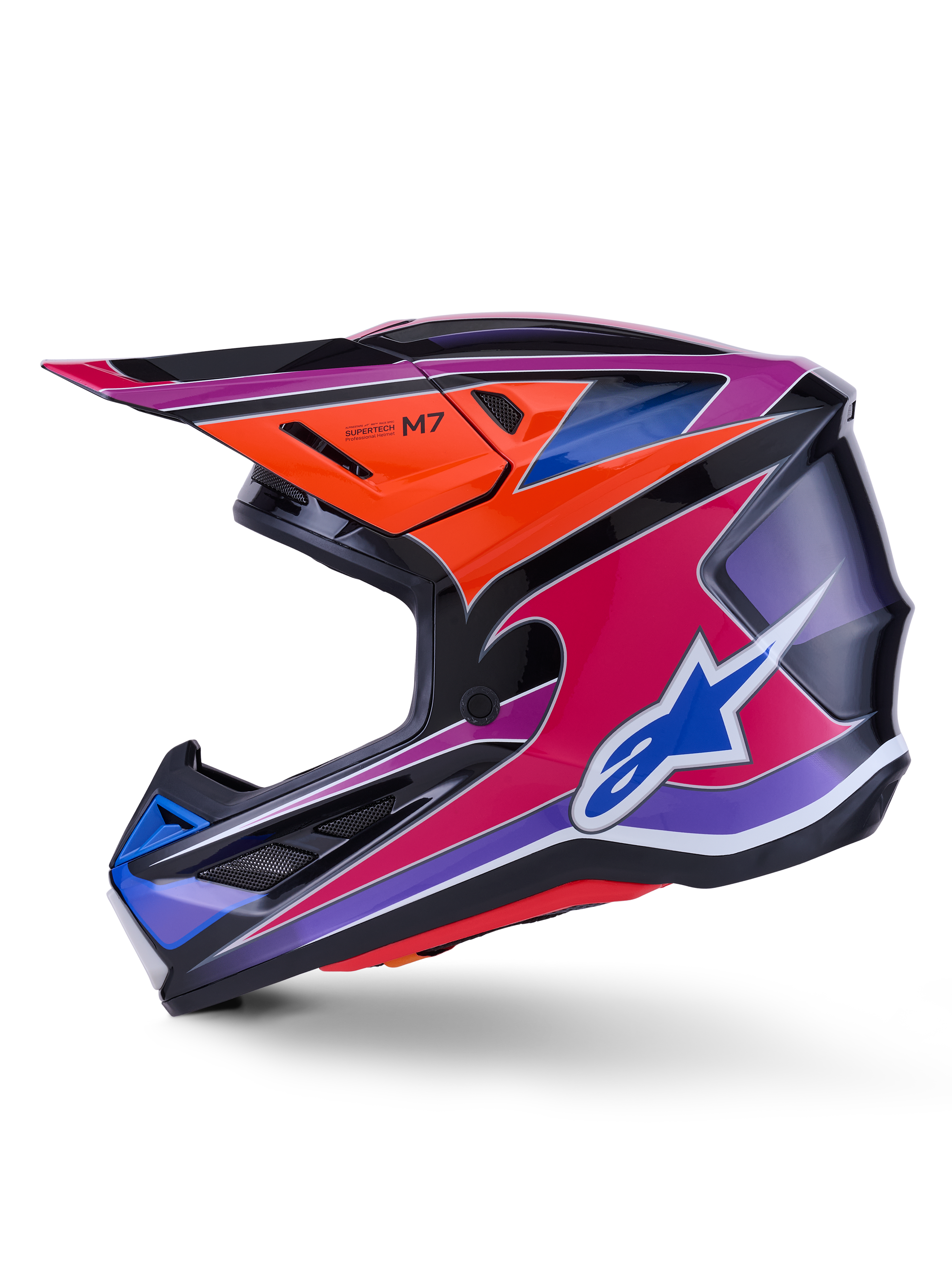 Casco Alpinestars S-M7 Fuse, casco da motocross, blu, viola, rosa e arancione lucido, design grafico multicolore vivace con logo Alpinestars blu, calotta aerodinamica in composito con visiera protettiva e prese d'aria, equipaggiamento professionale per gare fuoristrada