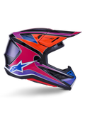 Casco Alpinestars S-M7 Fuse, casco da motocross, blu, viola e rosa lucido, vista di profilo con grafiche racing vivaci, design aerodinamico con prese d'aria e logo a stella Alpinestars