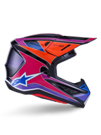 Casco Alpinestars S-M7 Fuse, casco da motocross, blu, viola e rosa lucido, vista di profilo con grafiche racing vivaci, design aerodinamico con prese d'aria e logo a stella Alpinestars
