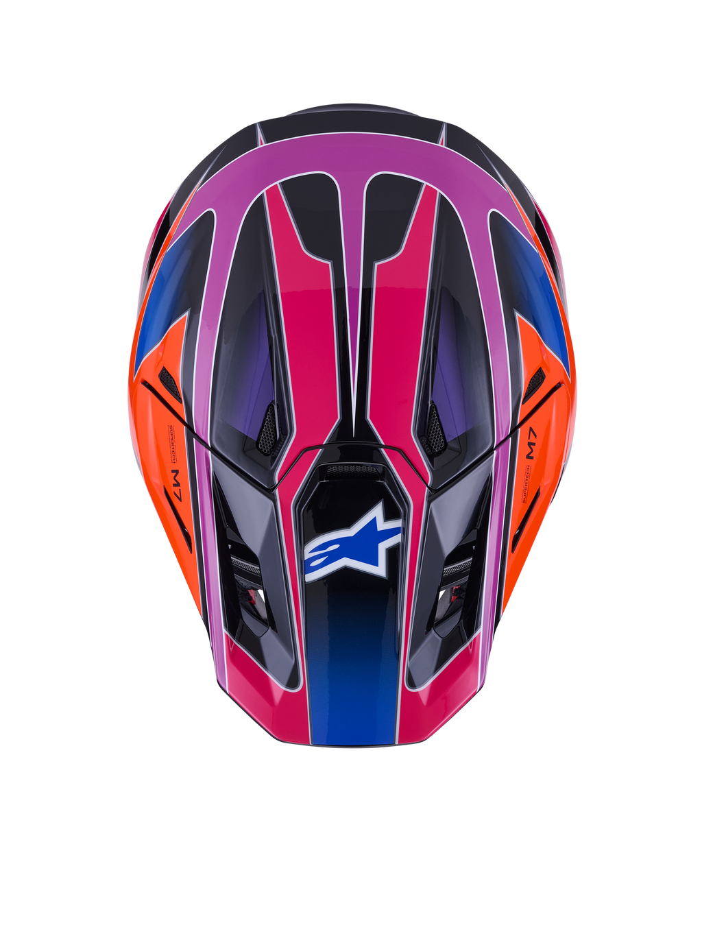 Casco Alpinestars S-M7 Fuse, vista dall'alto, Blu Viola Rosa Lucido con accenti arancioni e neri, design geometrico vivace, calotta aerodinamica con prese d'aria e logo Alpinestars sulla visiera, equipaggiamento protettivo per motocross