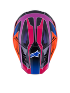 Casco Alpinestars S-M7 Fuse, vista dall'alto, Blu Viola Rosa Lucido con accenti arancioni e neri, design geometrico vivace, calotta aerodinamica con prese d'aria e logo Alpinestars sulla visiera, equipaggiamento protettivo per motocross