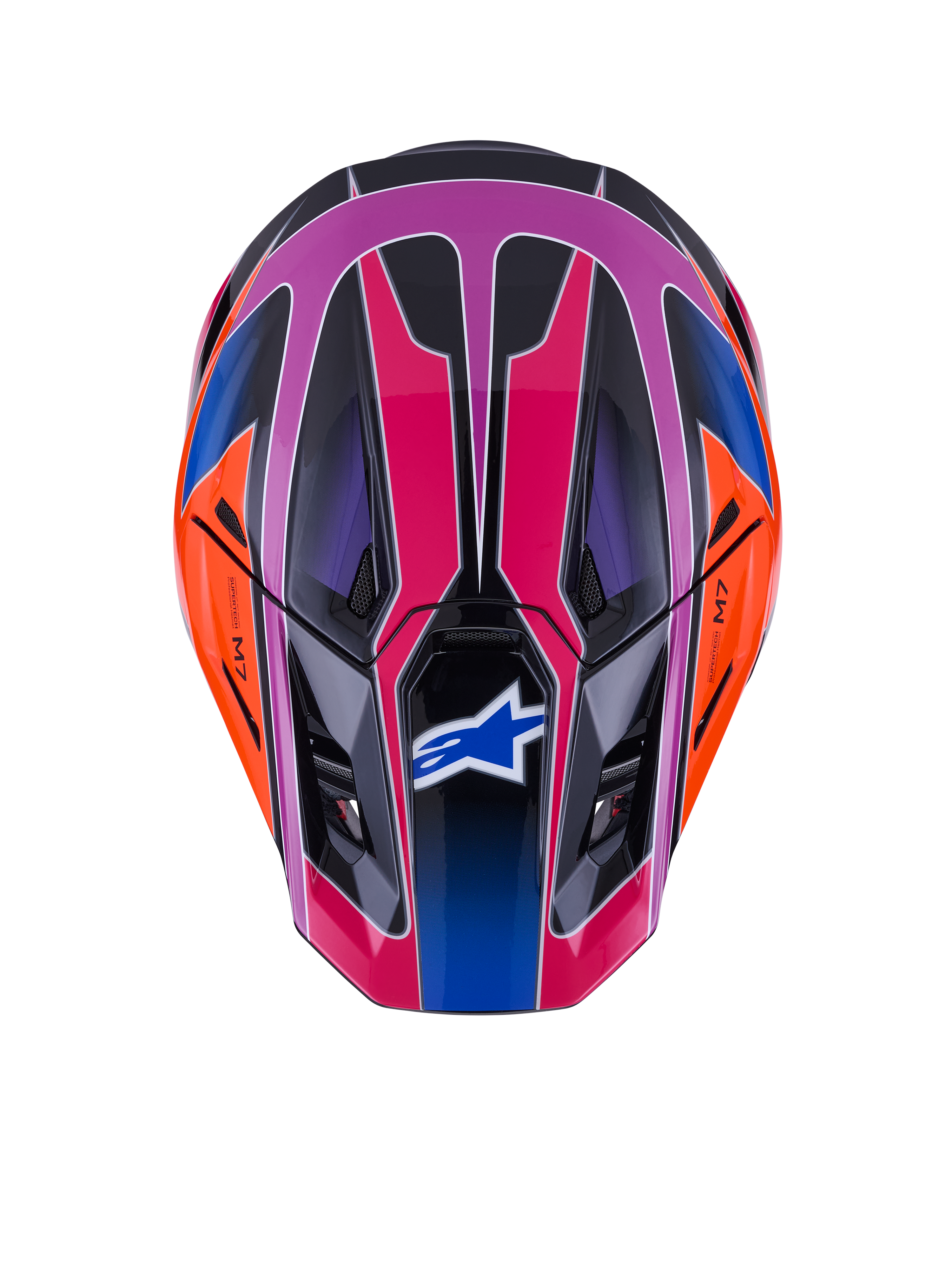 Casco Alpinestars S-M7 Fuse, vista dall'alto, Blu Viola Rosa Lucido con accenti arancioni e neri, design geometrico vivace, calotta aerodinamica con prese d'aria e logo Alpinestars sulla visiera, equipaggiamento protettivo per motocross