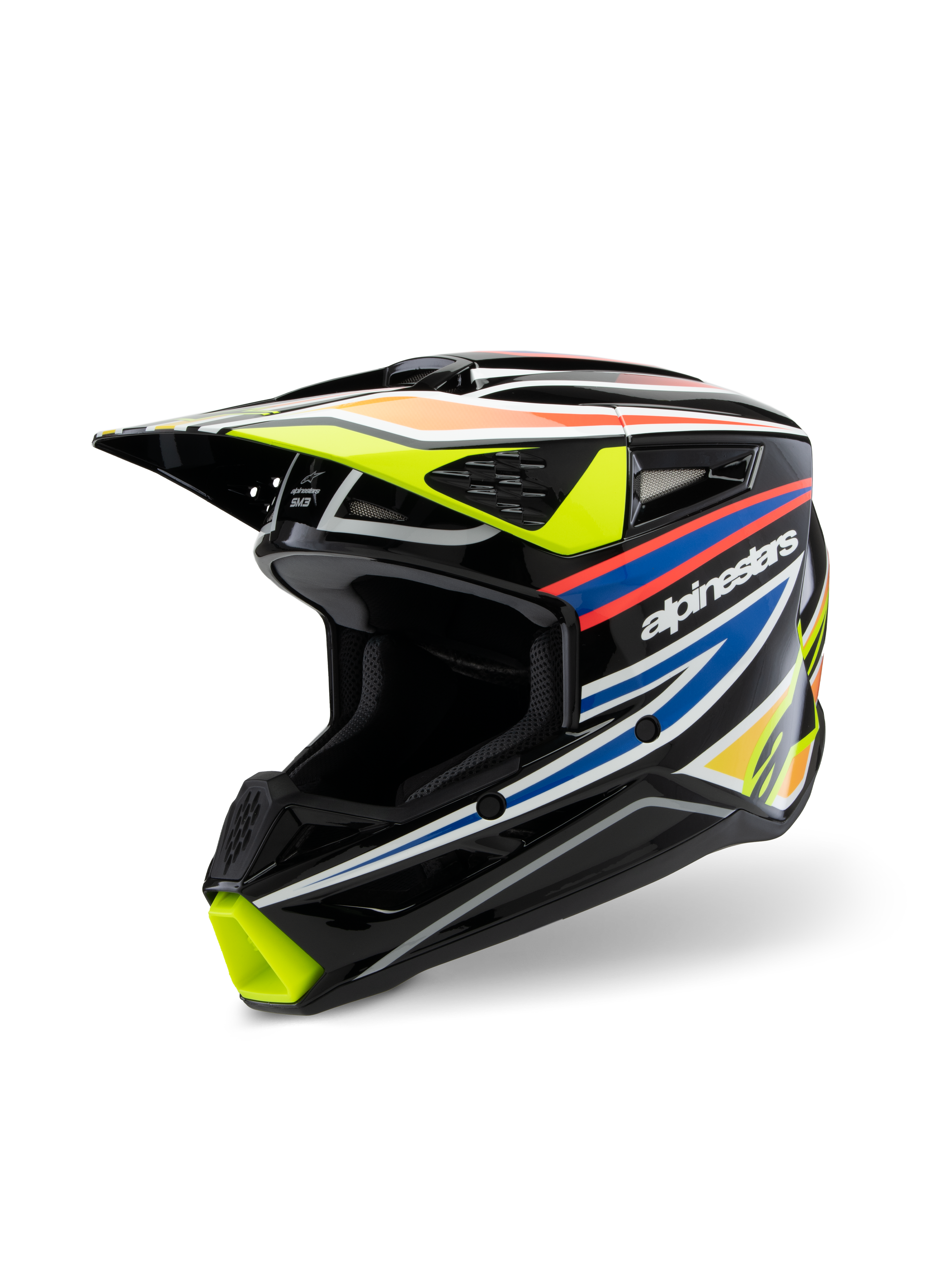 Alpinestars S-M3 Youth Wurx Helmet ECE 22.06, casco da motocross, nero lucido con grafiche racing giallo fluorescente, blu e rosso-arancio, vista a tre quarti che mette in risalto la calotta aerodinamica con molteplici prese d'aria e porte di scarico, equipaggiamento protettivo off-road per giovani piloti