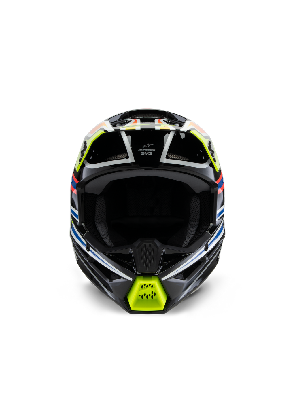 Casco Alpinestars S-M3 Youth Wurx, vista frontale, nero con dettagli giallo fluo, blu e rossi, protezione motocross per ragazzi, caratterizzato da una base nera con vivaci grafiche geometriche, porte di ventilazione integrate e mentoniera gialla, stile racing fuoristrada
