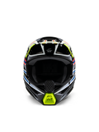Casco Alpinestars S-M3 Youth Wurx, vista frontale, nero con dettagli giallo fluo, blu e rossi, protezione motocross per ragazzi, caratterizzato da una base nera con vivaci grafiche geometriche, porte di ventilazione integrate e mentoniera gialla, stile racing fuoristrada